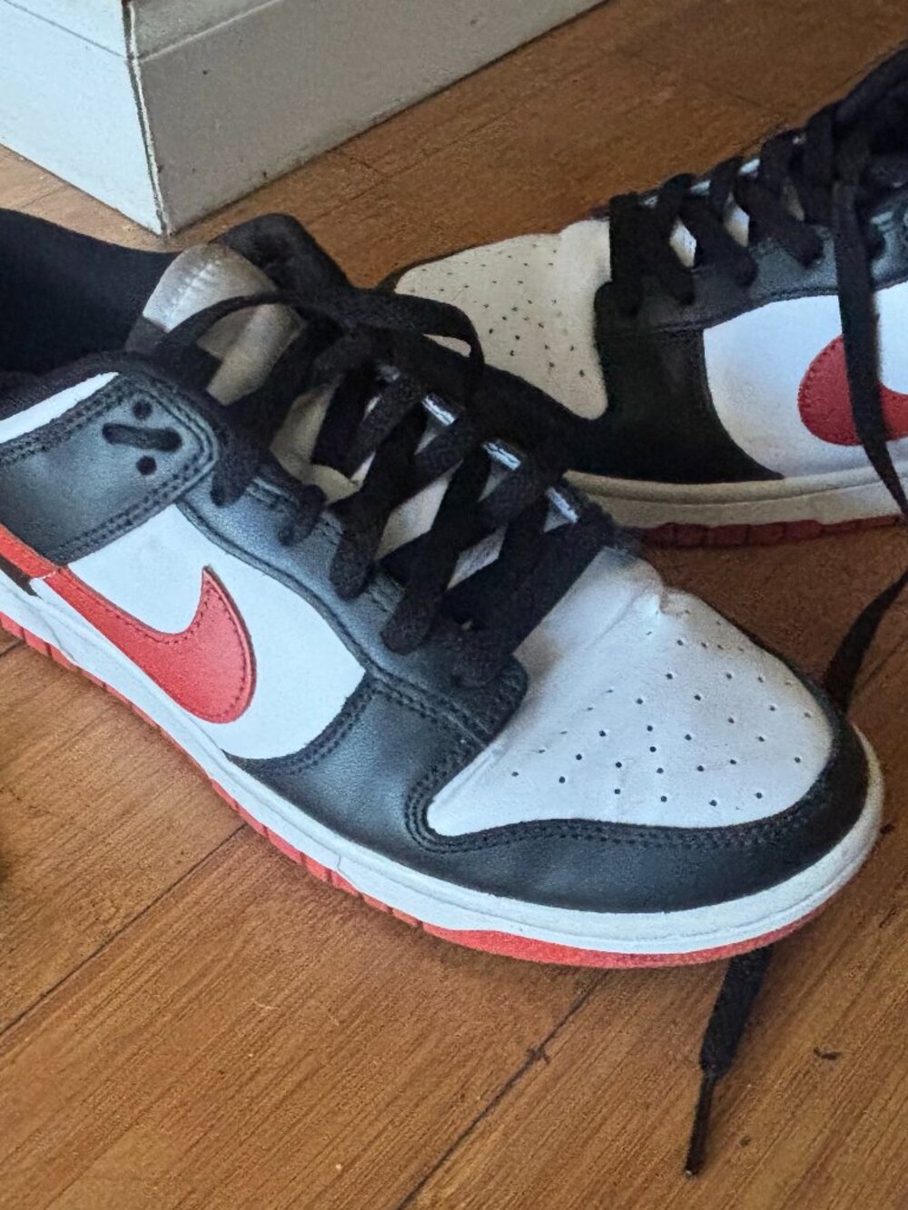 Nike Dunk Low Black White Red Swoosh Sneakers Men's 8.5/Women's 10